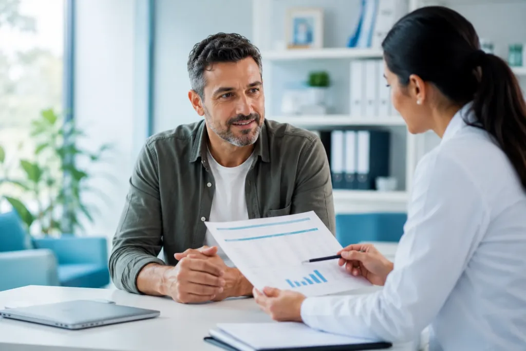 Paciente adulto conversando con una profesional de salud durante un chequeo preventivo
