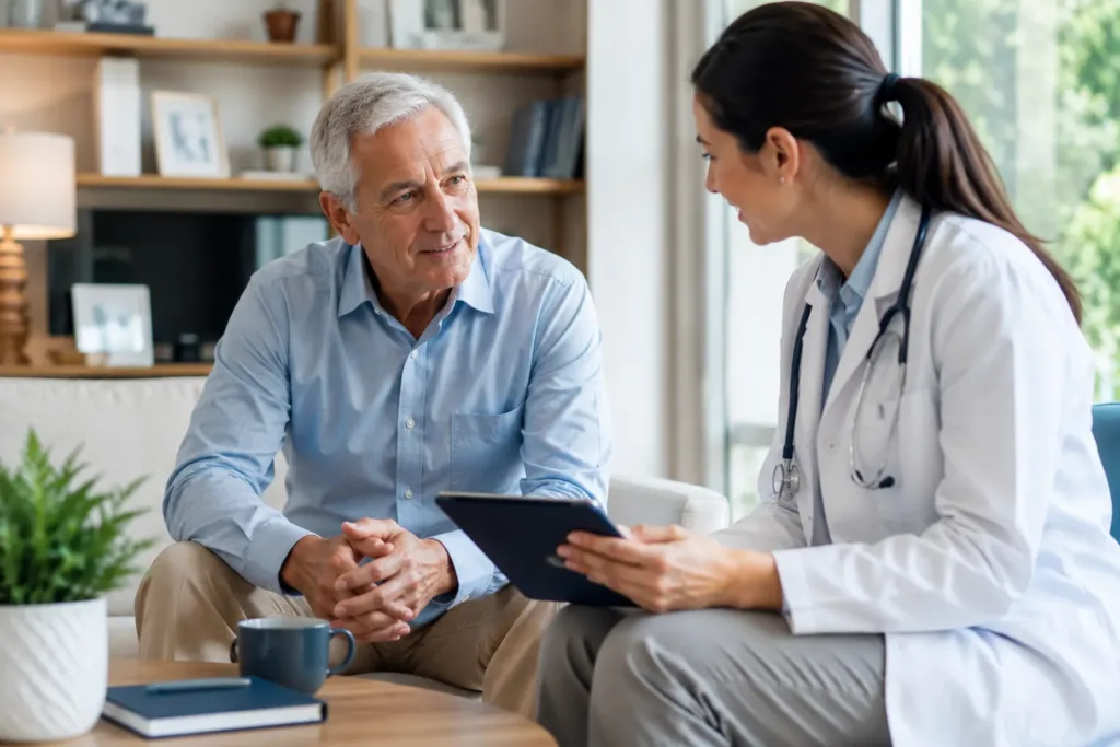 Profesional de salud brindando atención personalizada a un adulto mayor