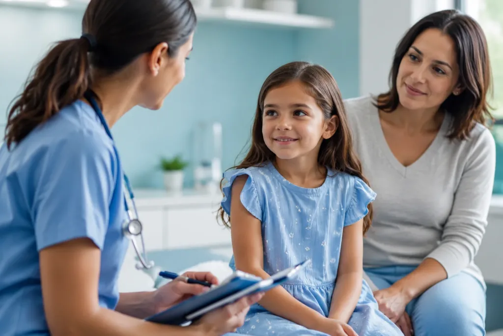 Consulta médica preventiva infantil en un entorno clínico moderno y seguro