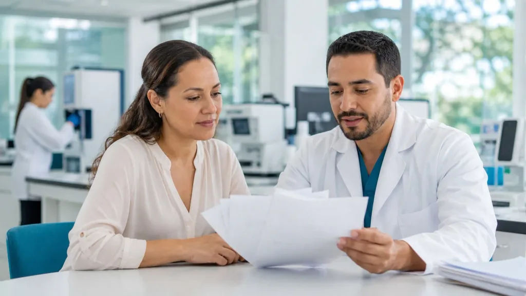 Persona revisa resultados de laboratorio con un profesional de salud durante un control de seguimiento.